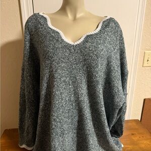 BloomChic Green V-Neck Sweater with White Trim